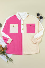 Rose Red Colorblock Ribbed Collared Oversized Sweatshirt Sweatshirts & Hoodies JT's Designer Fashion