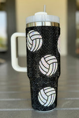 Black 40 Oz Rhinestone Volleyball Tumbler with Handle Tumblers JT's Designer Fashion