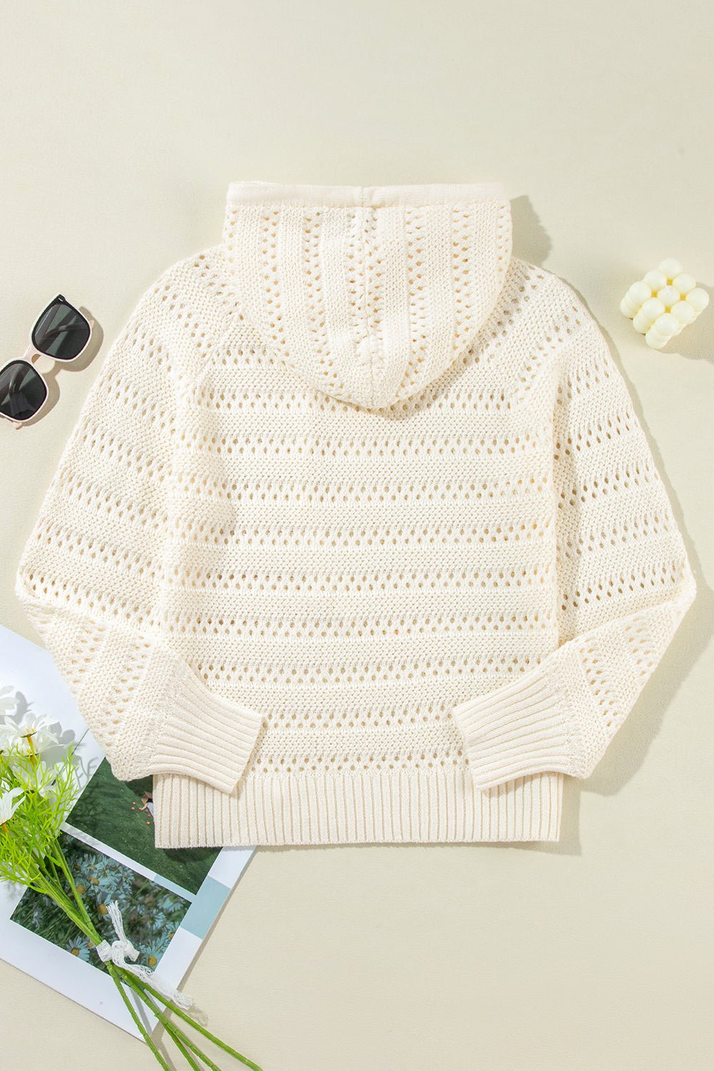 White Pointelle Knit Raglan Sleeve Hooded Sweater Sweaters JT's Designer Fashion