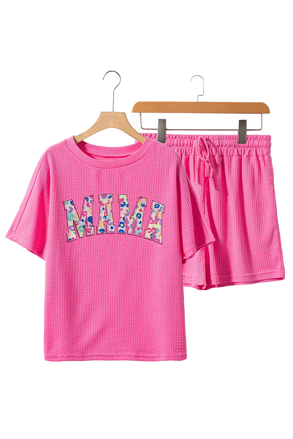 Rose Red MAMA Embroidered Leopard Letters Waffle Short Set Graphic Sets JT's Designer Fashion
