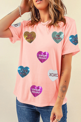 Pink Sequin Valentines Lettering Heart Patched Crewneck T Shirt Graphic Tees JT's Designer Fashion