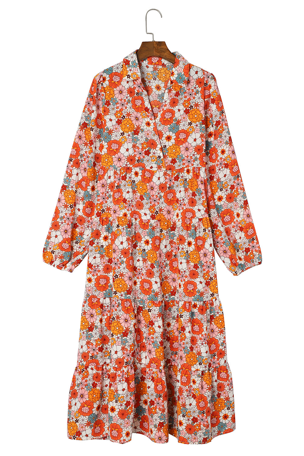 Multicolor Boho Floral Collared Long Sleeve Ruffled Dress Floral Dresses JT's Designer Fashion