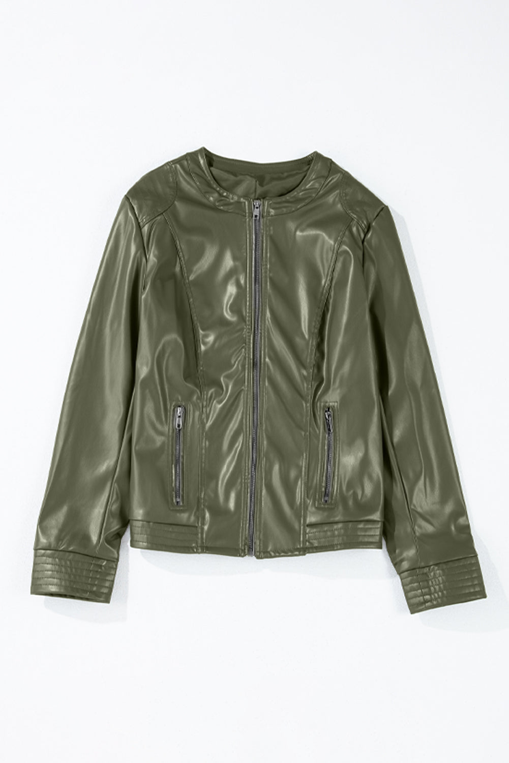 Sage Green Solid Faux Leather Zipper Slim Fit Bomber Jacket Jackets JT's Designer Fashion