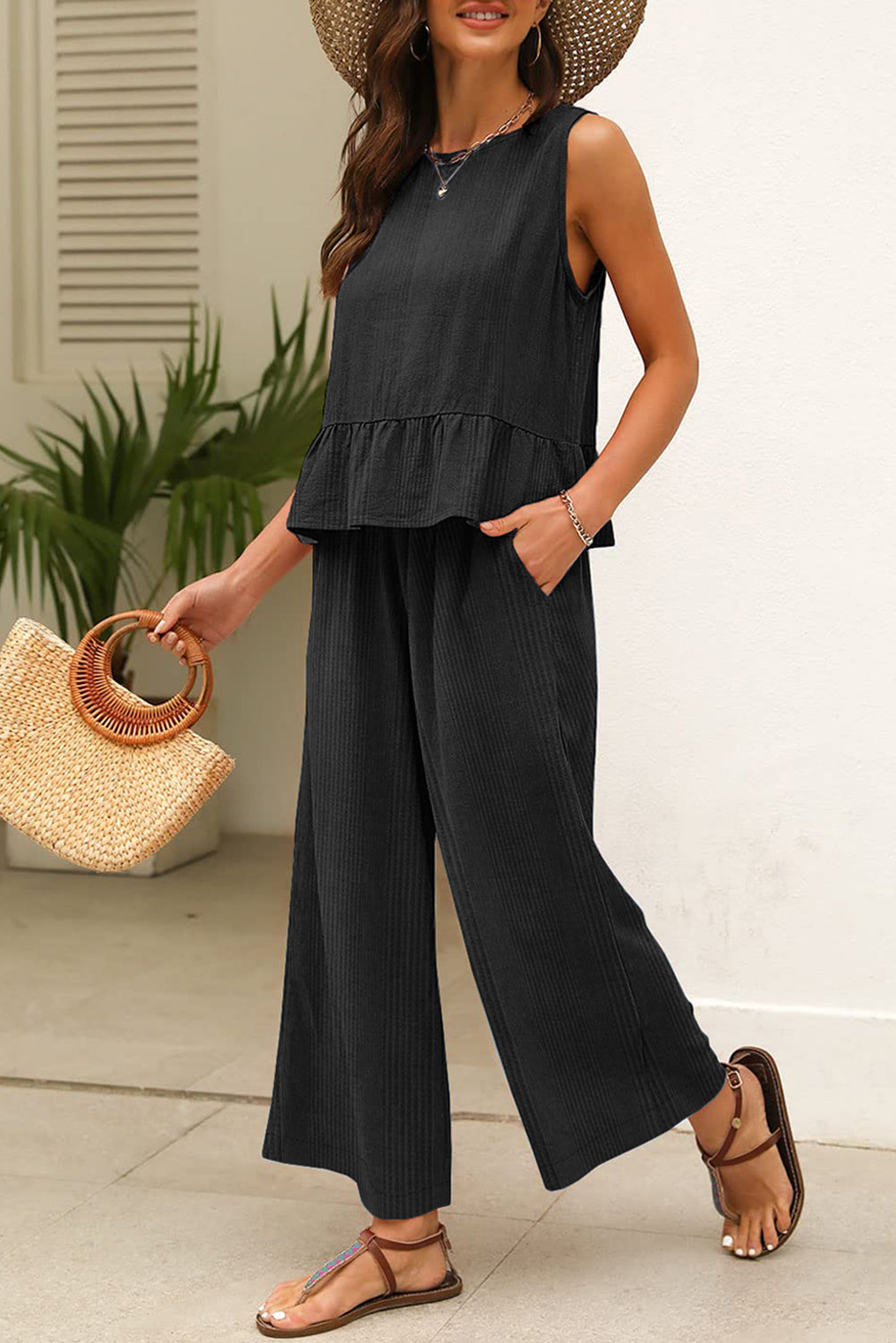 Black Solid Color Ribbed Ruffle Tank Top and Pants Set Pant Sets JT's Designer Fashion