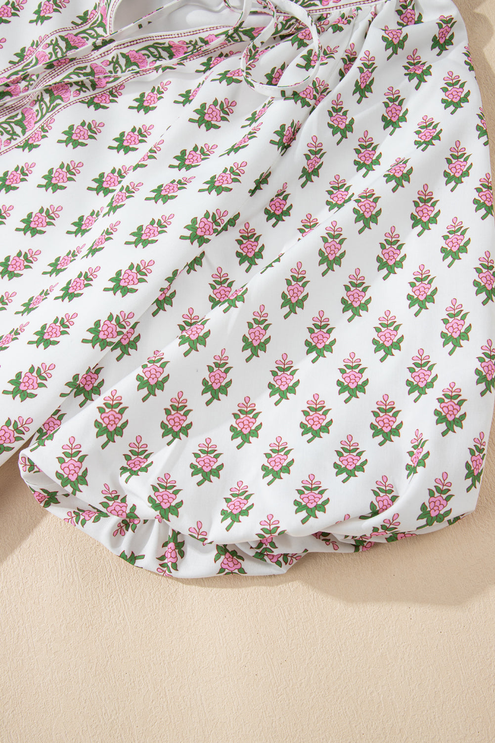 Pink Floral Print Bubble Sleeve Neck Tie Ruffled Dress Floral Dresses JT's Designer Fashion