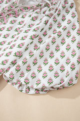 Pink Floral Print Bubble Sleeve Neck Tie Ruffled Dress Floral Dresses JT's Designer Fashion