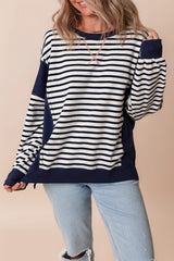 White Stripe Color Block Exposed Seam Loose Fit Sweatshirt Sweatshirts & Hoodies JT's Designer Fashion