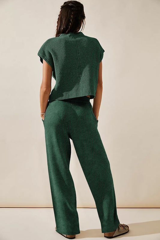 Green Knitted V Neck Sweater and Casual Pants Set Pant Sets JT's Designer Fashion