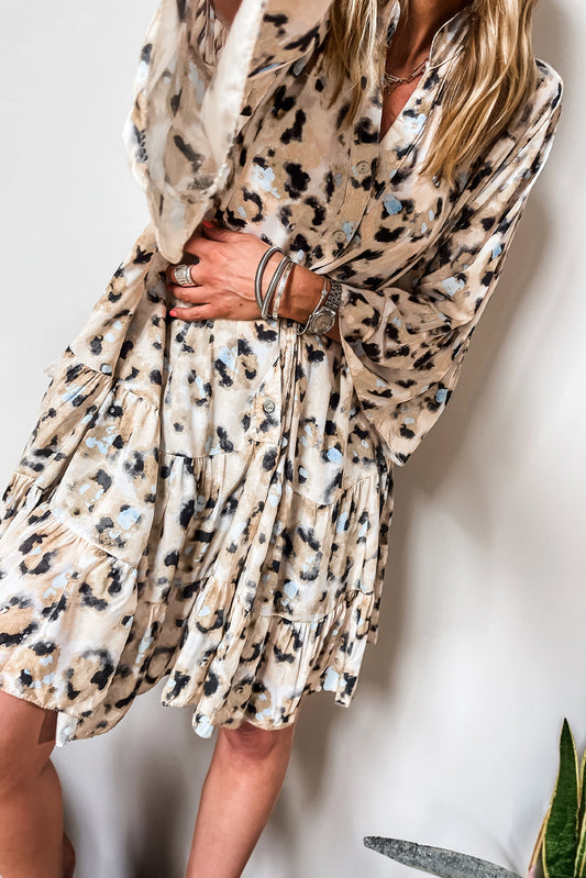 Khaki Leopard Print Buttoned Front 3/4 Sleeve Tiered Ruffled Hem Dress Mini Dresses JT's Designer Fashion