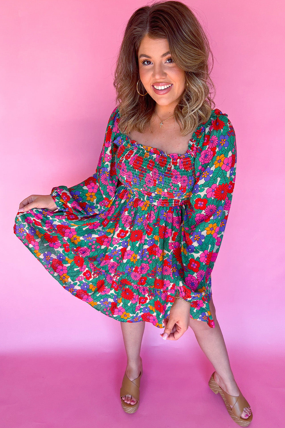 White Plus Size Floral Frilled Square Neck Shirred Long Sleeve Dress Plus Size Mini Dresses JT's Designer Fashion