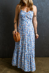 Sky Blue Sexy Frilly Pleated Long Floral Dress Dresses JT's Designer Fashion