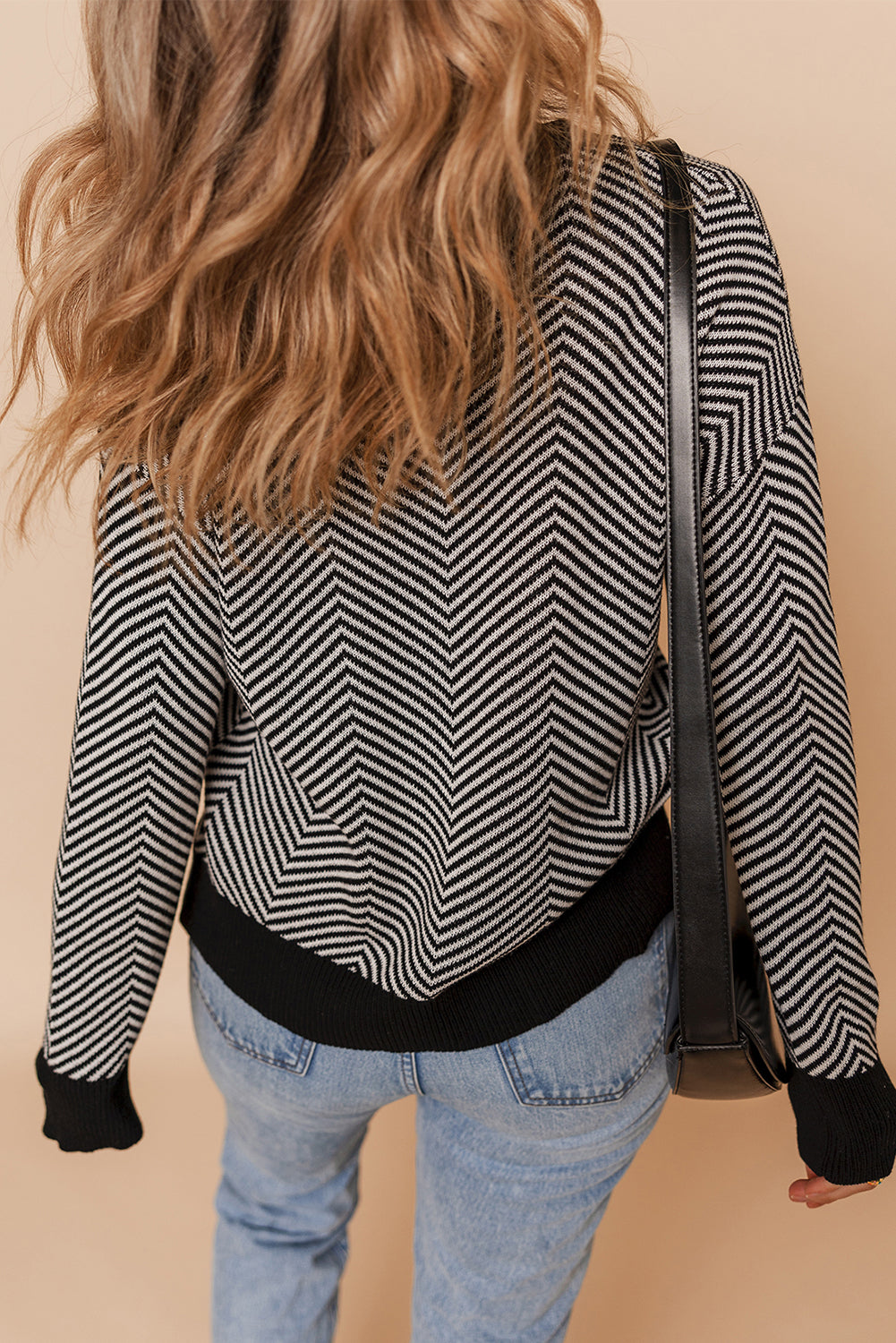 White Stripe Buttoned Front V Neck Herringbone Cardigan Cardigans JT's Designer Fashion