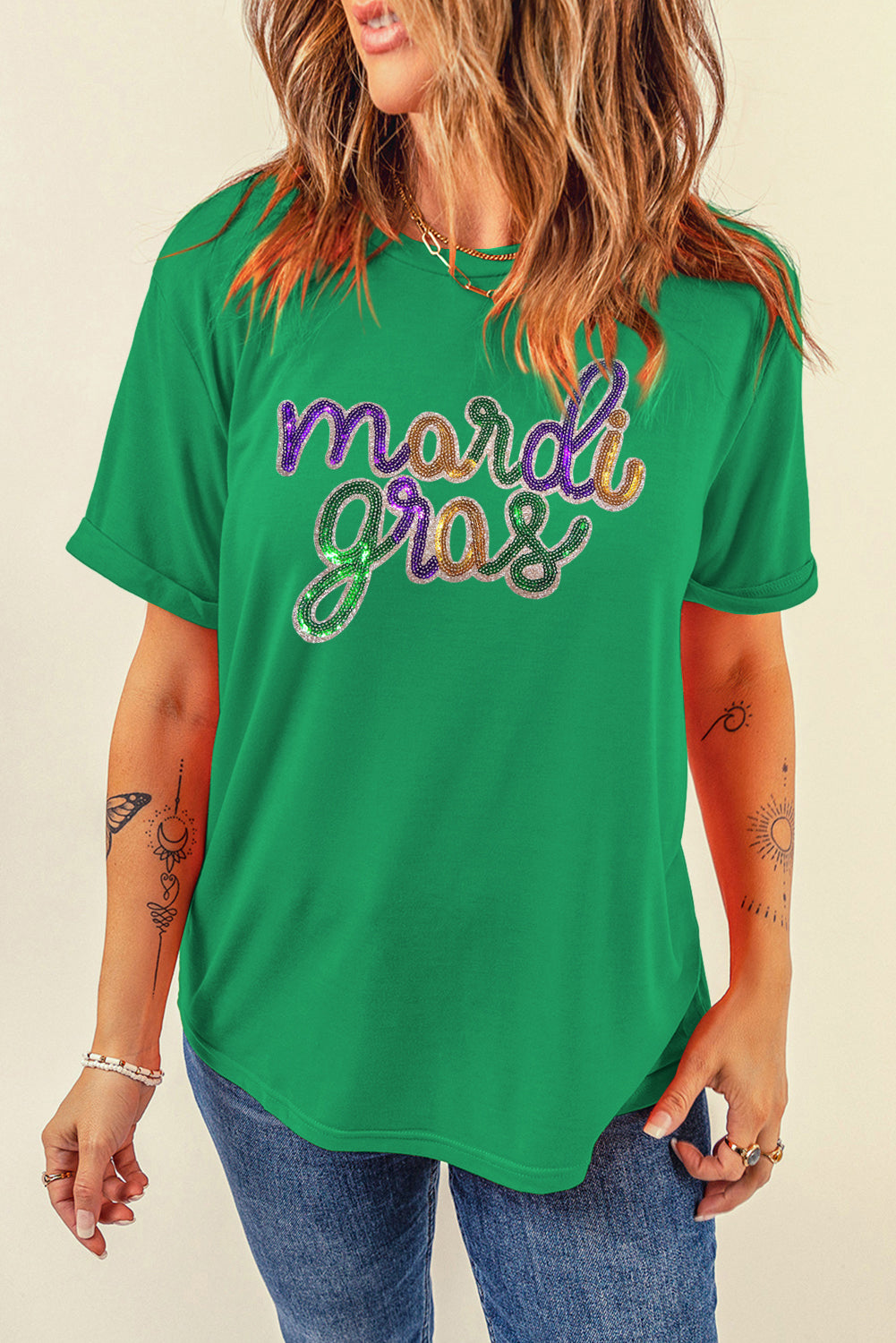 Bright Green Sequin mardi gras Graphic T Shirt Graphic Tees JT's Designer Fashion