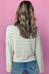 Green Stripe Textured Frilly Trim Buttons Henley Long Sleeve Top Long Sleeve Tops JT's Designer Fashion