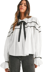 White Black Pipping Ribbon Bowtie Collared Ruffled Puff Sleeve Shirt Blouses & Shirts JT's Designer Fashion