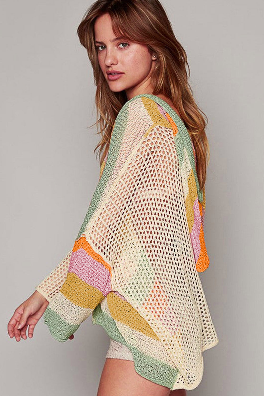 Beige Pointelle Knit Colorblock Patchwork V Neck Hooded Plus Sweater Plus Size Sweaters & Cardigans JT's Designer Fashion