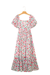 Pink Floral Puff Sleeve Square Neck Empire Waist Tiered Maxi Dress Floral Dresses JT's Designer Fashion