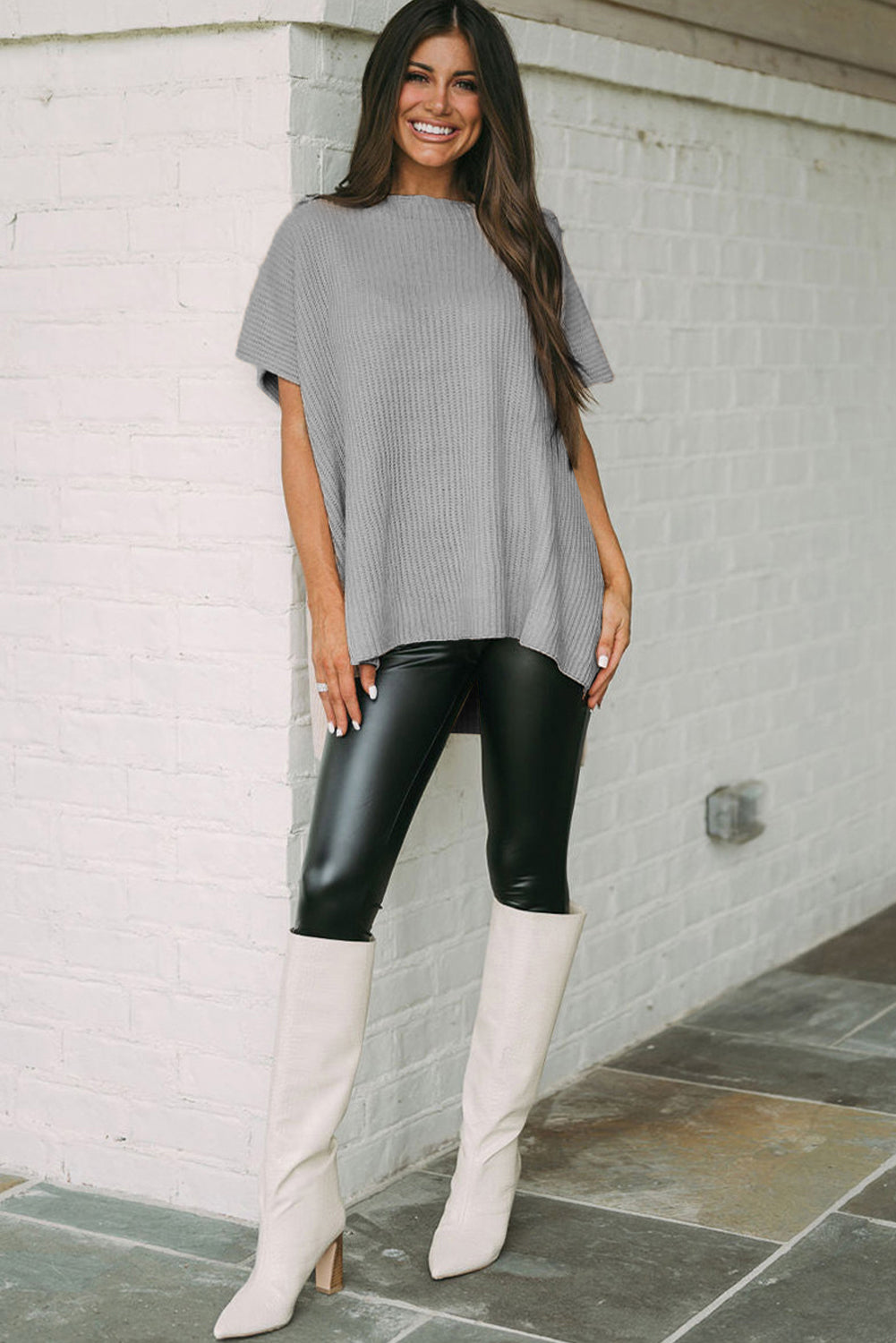 Gray Short Sleeve Side Slit Oversized Sweater Sweaters & Cardigans JT's Designer Fashion