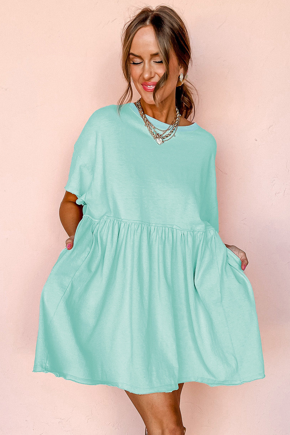 Moonlight Jade Solid Color Pocketed Raw Edge Babydoll Dress Mini Dresses JT's Designer Fashion