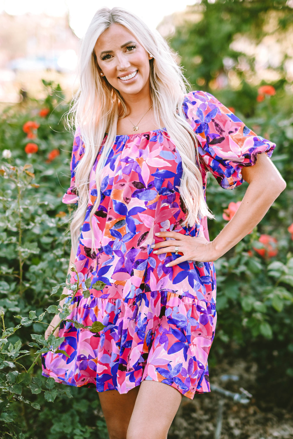 Purple Flower Print Short Puff Sleeve Ruffled Dress Floral Dresses JT's Designer Fashion