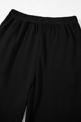Black Solid Color Textured Buttoned Shirt and Casual Pants Set Pant Sets JT's Designer Fashion