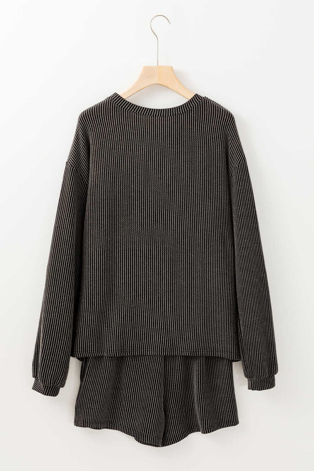 Carbon Grey Corded Knit Long Sleeve Top and High Waist Shorts Set Short Sets JT's Designer Fashion