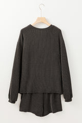 Carbon Grey Corded Knit Long Sleeve Top and High Waist Shorts Set Short Sets JT's Designer Fashion