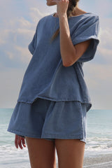 Light Blue Denim Cuffed Sleeve Tee Elastic Shorts Set Short Sets JT's Designer Fashion