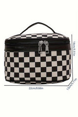 Black Checkered Zipper Large Cosmetic Bag with Handle Makeup Bags JT's Designer Fashion