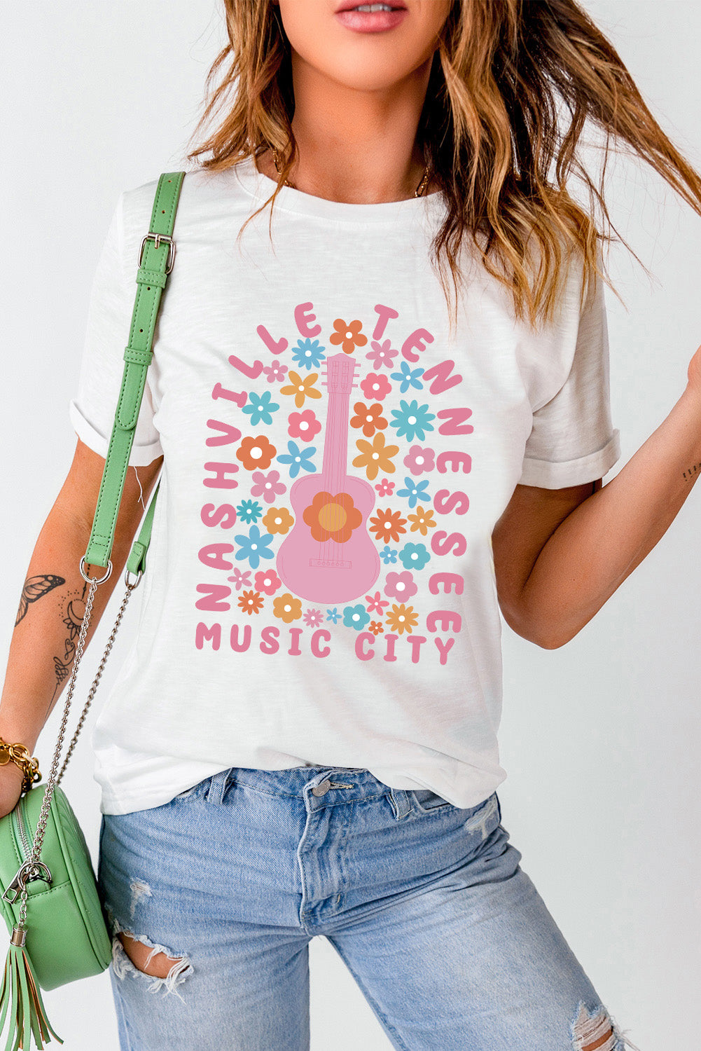 White Floral Guitar NASHVILLE Slogan Graphic T Shirt Graphic Tees JT's Designer Fashion