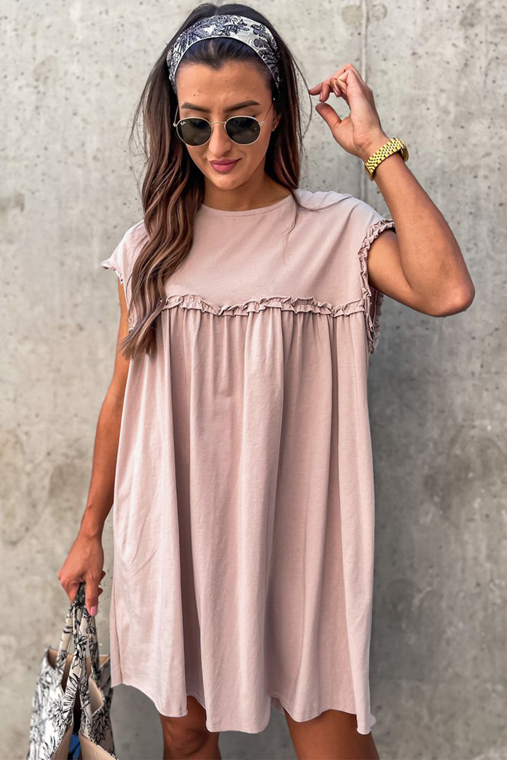 Oatmeal Frilled Trim Crew Neck Loose Fit Mini Dress Mini Dresses JT's Designer Fashion