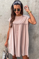 Oatmeal Frilled Trim Crew Neck Loose Fit Mini Dress Mini Dresses JT's Designer Fashion