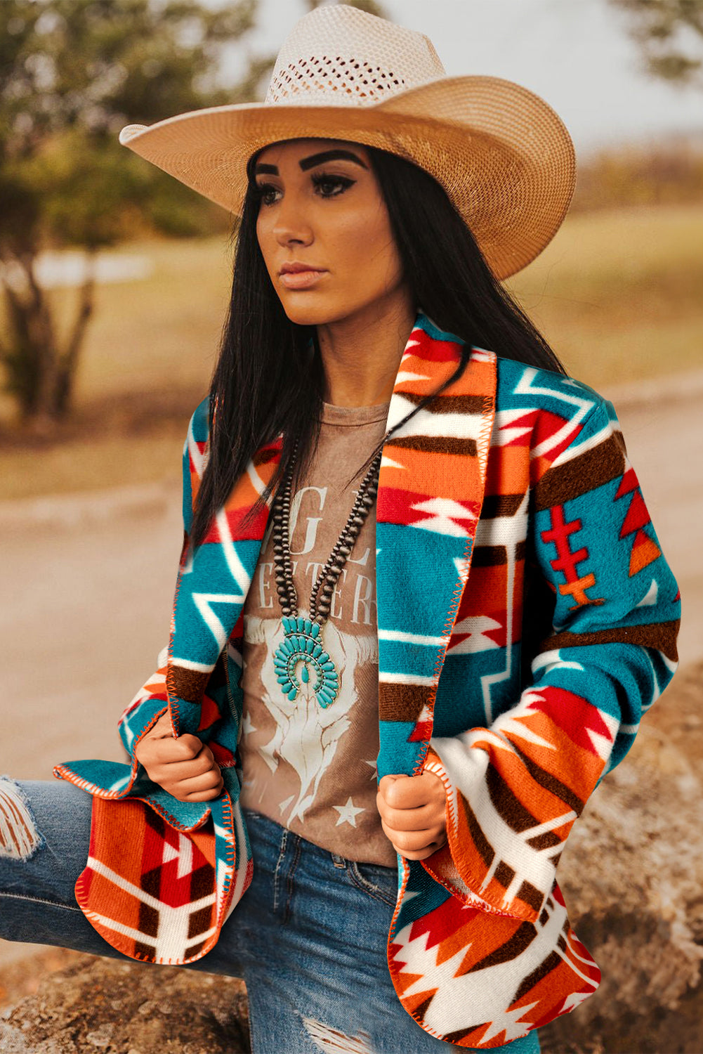 Sky Blue Aztec Printed Lapel Bell Sleeve Jacket Jackets JT's Designer Fashion
