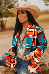 Sky Blue Aztec Printed Lapel Bell Sleeve Jacket Jackets JT's Designer Fashion