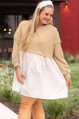Apricot Color Block Patchwork Ruffled Plus Size Mini Dress Plus Size Mini Dresses JT's Designer Fashion