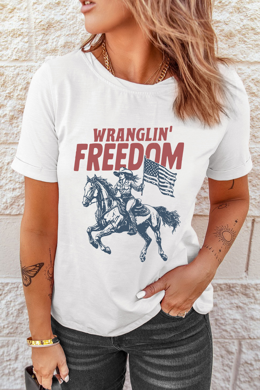 White WRANGLIN FREEDOM Rodeo Graphic Tee Graphic Tees JT's Designer Fashion