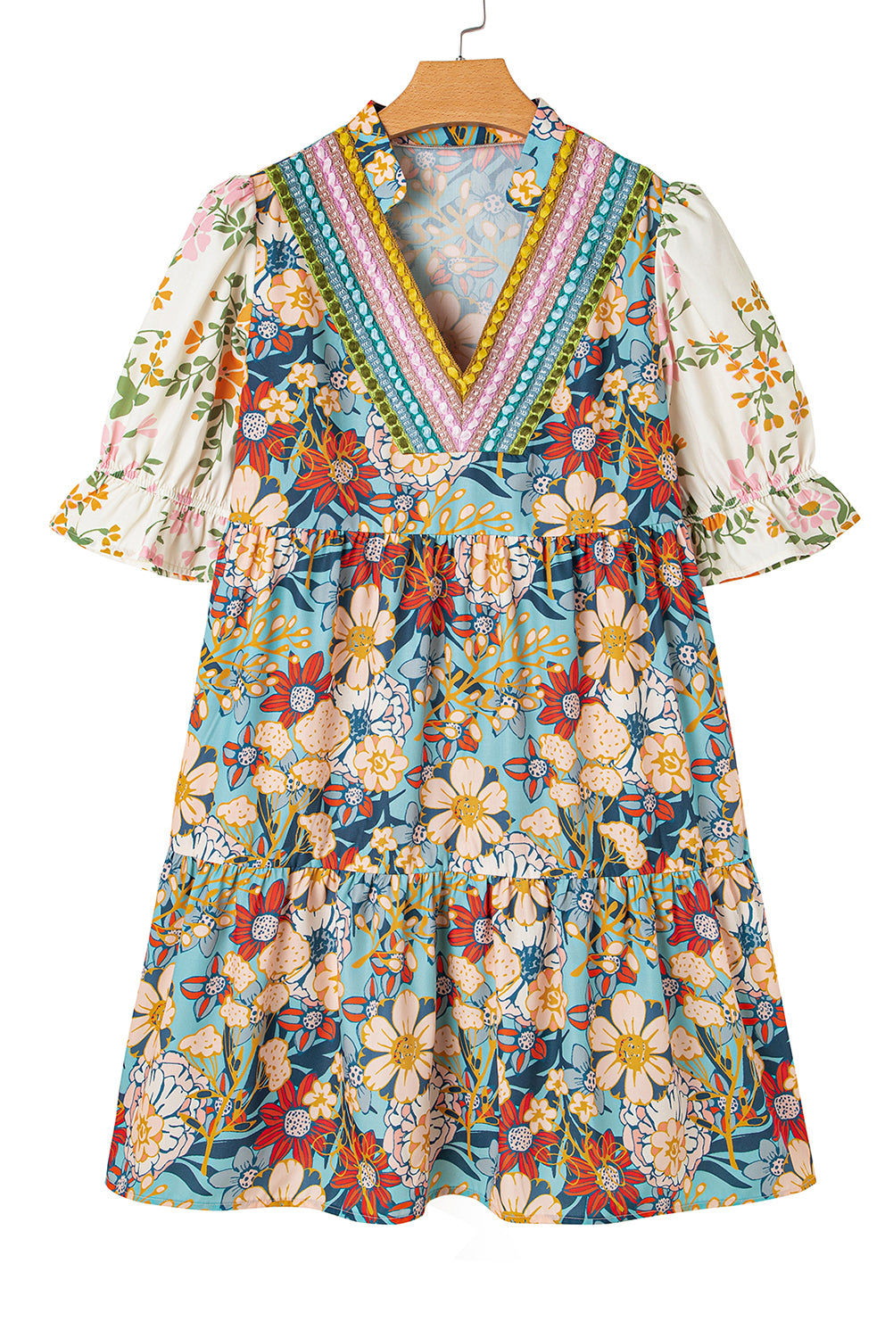 Multicolour Boho Floral Print Crochet Patchwork V Neck Loose Mini Dress Mini Dresses JT's Designer Fashion