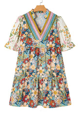 Multicolour Boho Floral Print Crochet Patchwork V Neck Loose Mini Dress Mini Dresses JT's Designer Fashion
