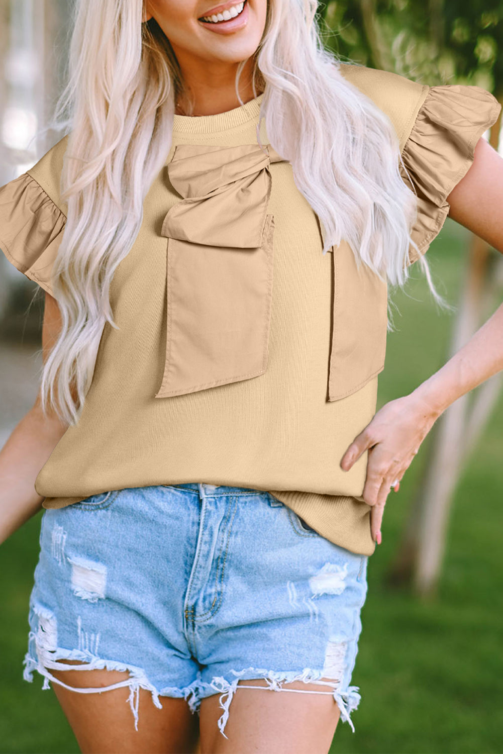Parchment Two Tones Ribbon Bow Ruffle Sleeve Top Blouses & Shirts JT's Designer Fashion