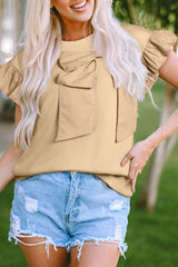 Parchment Two Tones Ribbon Bow Ruffle Sleeve Top Blouses & Shirts JT's Designer Fashion