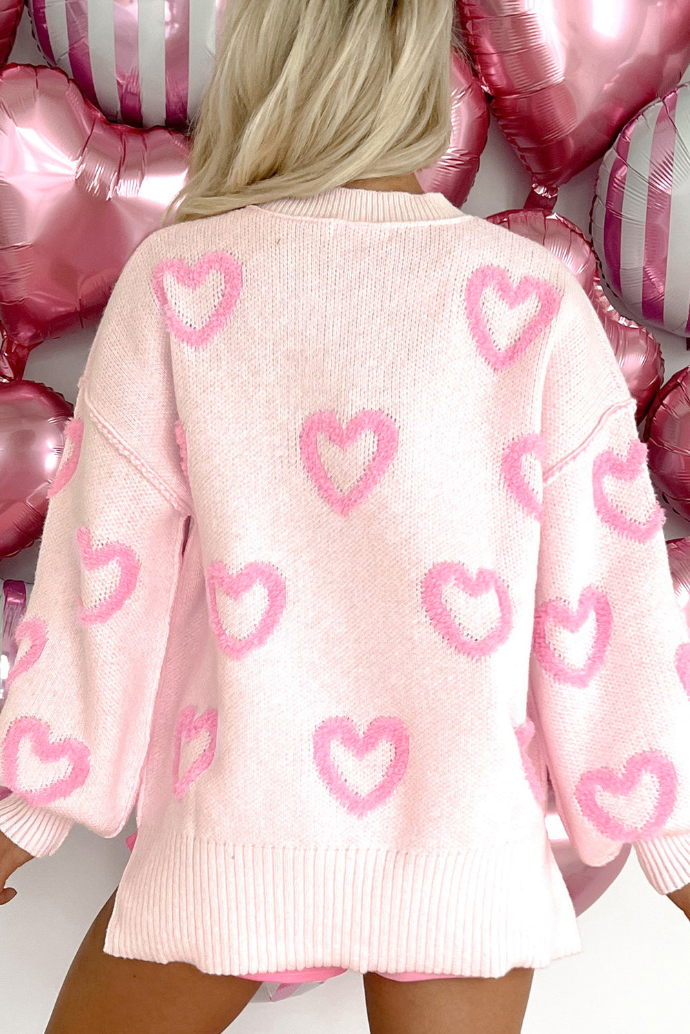 Pink Heart Shape Bubble Sleeve Baggy Sweater Sweaters JT's Designer Fashion
