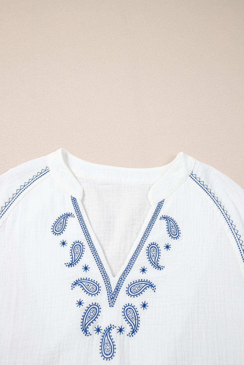 White Paisley Embroidered Textured Split Neck Long Puff Sleeve Blouse Blouses & Shirts JT's Designer Fashion