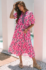 Pink Floral Contrast Neckline A-line Puff Sleeve Long Dress Maxi Dresses JT's Designer Fashion