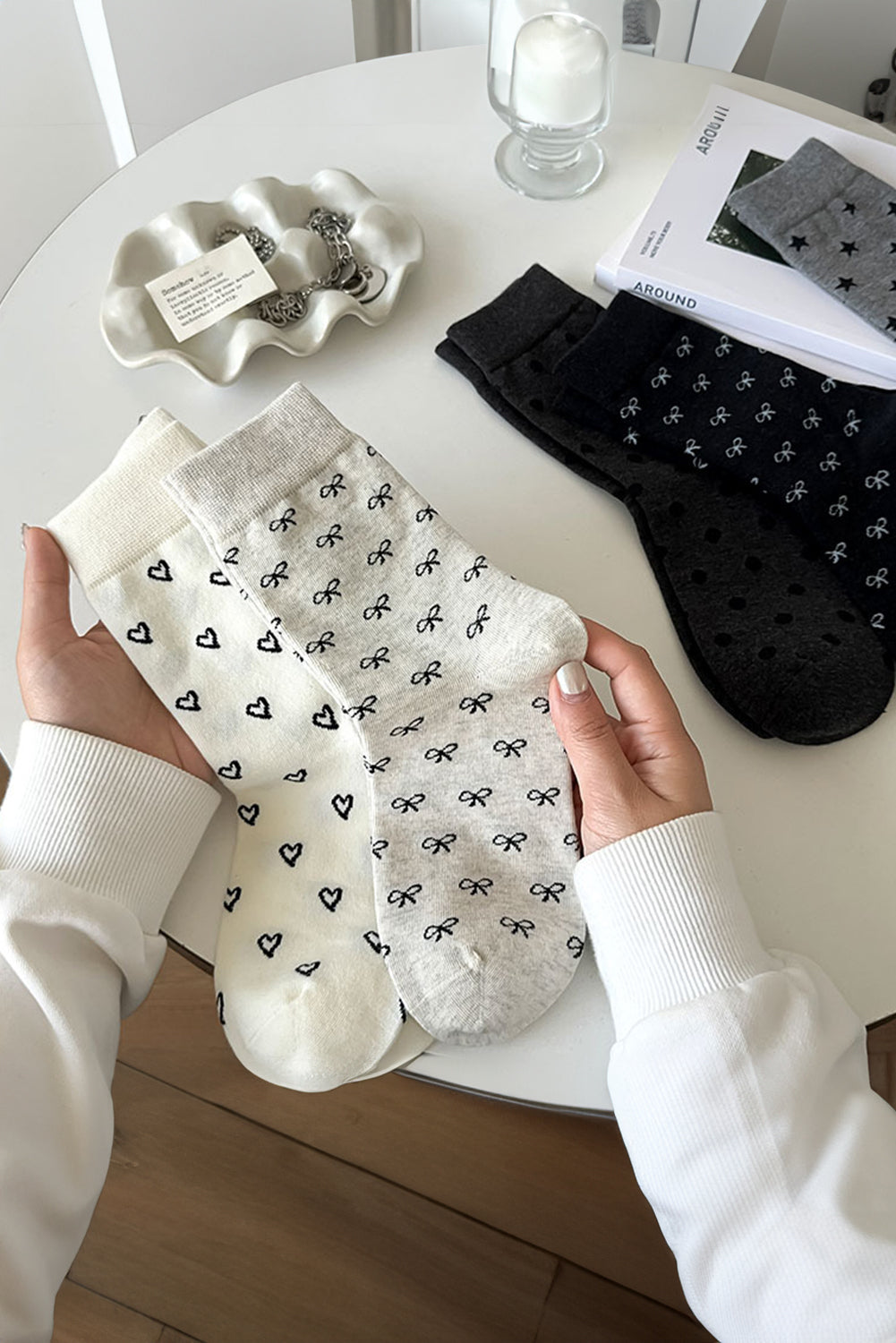 White Bow Knots Ribbed Edge Crew Socks Socks JT's Designer Fashion