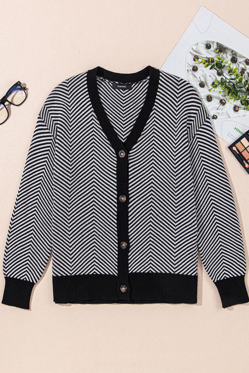 White Stripe Buttoned Front V Neck Herringbone Cardigan Cardigans JT's Designer Fashion