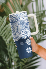 Sky Blue Vintage Pattern Print Stainless Steel Portable Cup 40oz Tumblers JT's Designer Fashion