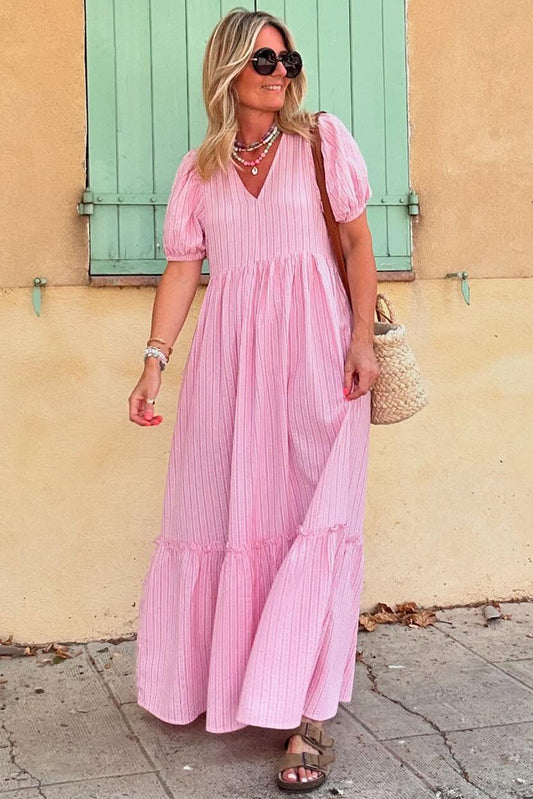 Pink Stripe V Neck Puff Short Sleeve Long Dress Maxi Dresses JT's Designer Fashion