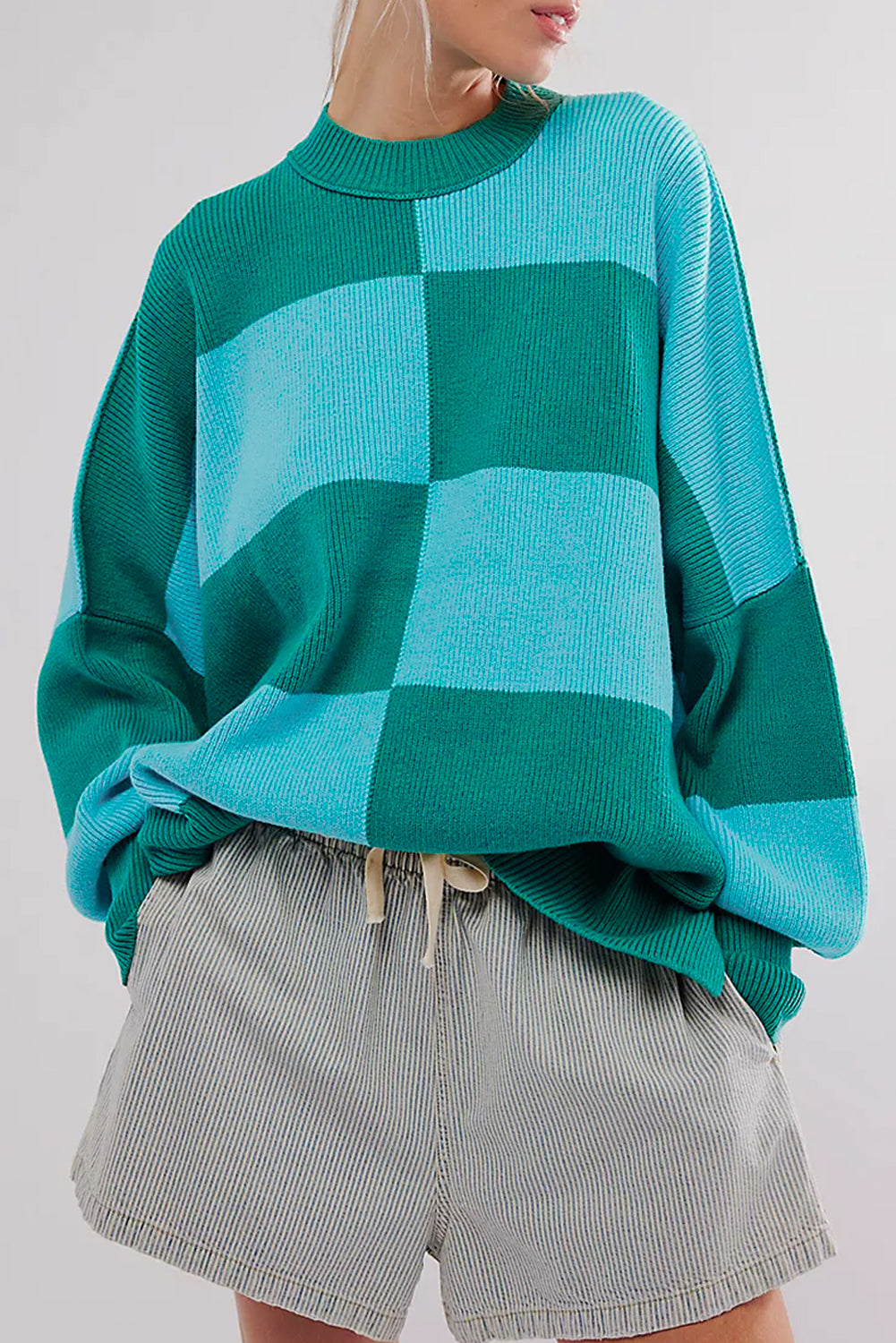 Green Checkered Side Slits Drop Shoulder Oversized Sweater Green 50%Viscose+28%Polyester+22%Polyamide Sweaters JT's Designer Fashion