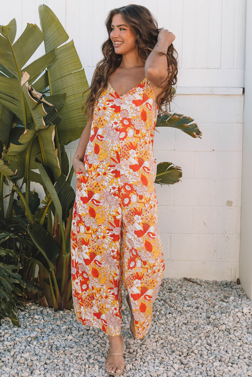 Orange Floral V Neck Wide Leg Sleeveless Jumpsuit Jumpsuits & Rompers JT's Designer Fashion