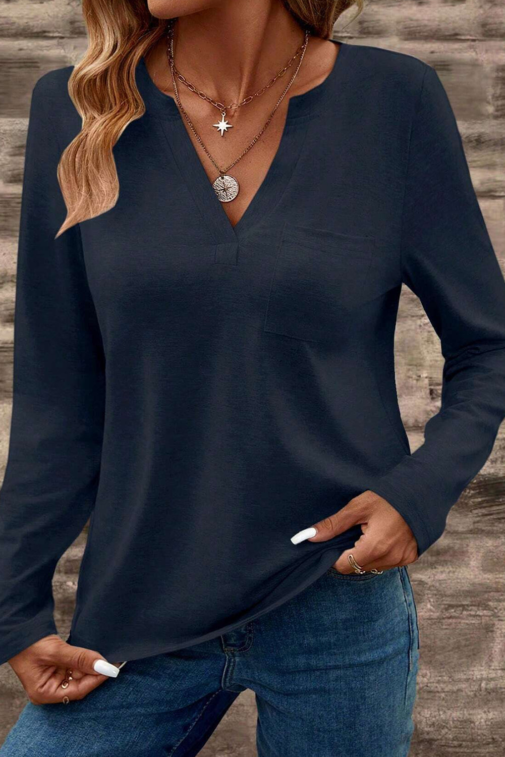 Dirty blue Notch V Neck Pocket Patched Long Sleeve T Shirt Long Sleeve Tops JT's Designer Fashion